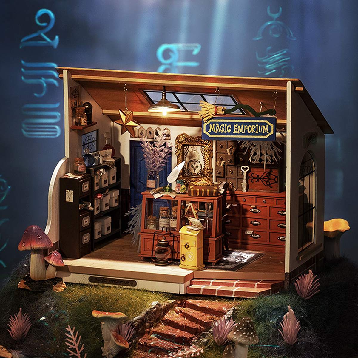Rolife Kiki's Magic Emporium miniature house kit DG155 showing assembled mystical shop interior with purple decor and potion bottles