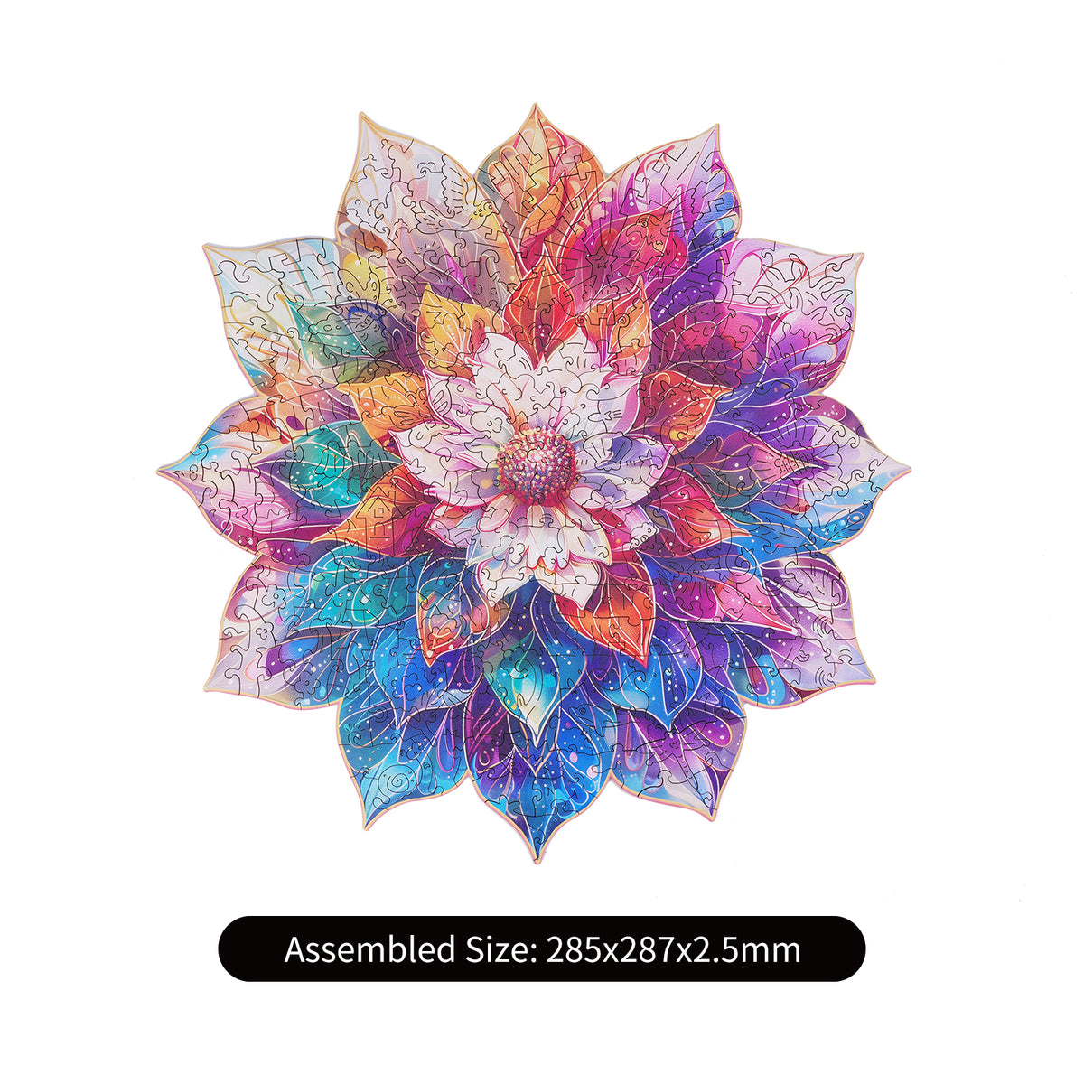 Rowood Mystic Mandala Flower wooden puzzle completed showing vibrant multicolor petals with assembled size 285x287x2.5mm noted below.