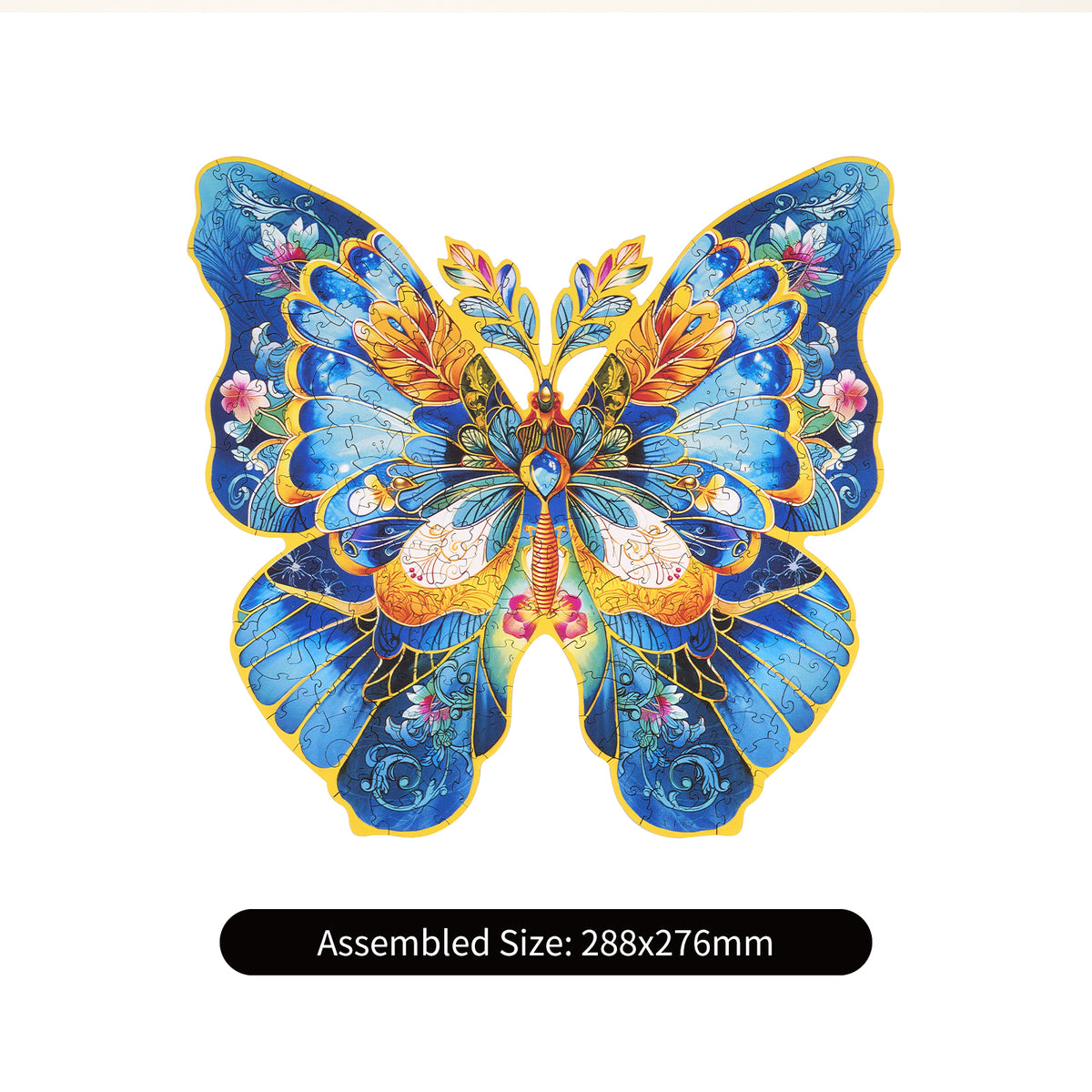 Rowood Morpho Helena butterfly wooden puzzle completed on white background with assembled size 288x276mm label shown below.