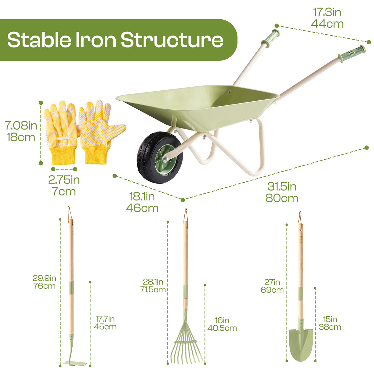 ROBUD Kids Wheelbarrow Set size diagram showing sage green metal wheelbarrow with rubber wheel, wooden-handled tools and yellow gloves with measurements