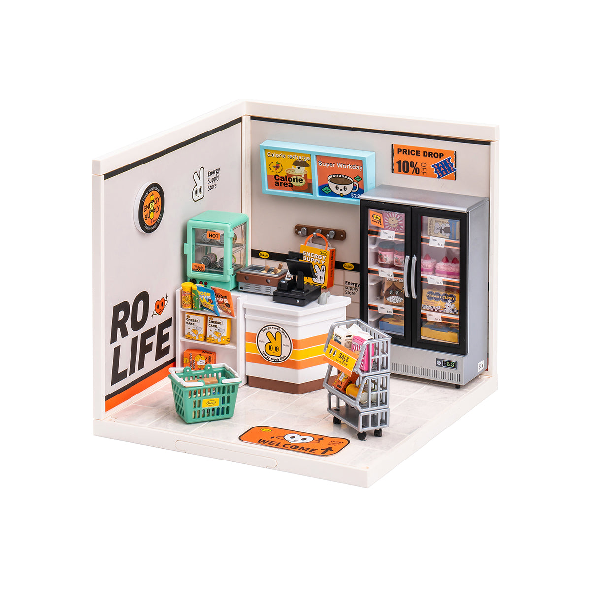 Rolife Energy Supply Store DW002 miniature kit with checkout counter, green shopping basket and drink fridges