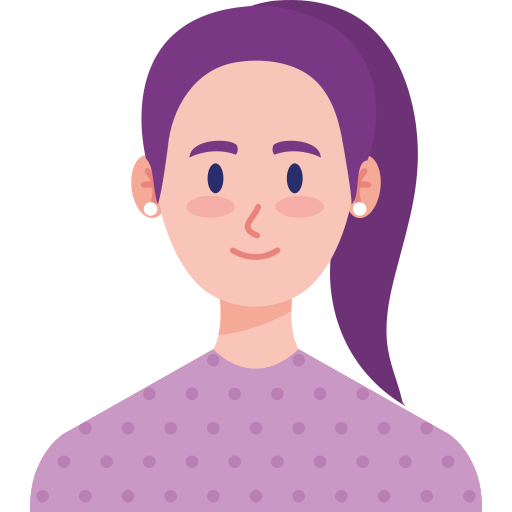 Flat cartoon avatar of a young woman with long purple hair in a ponytail, wearing a lilac polka-dot top and pearl earrings on a white background