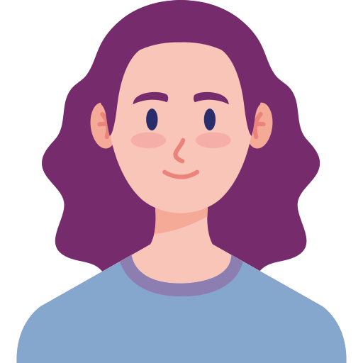 Flat cartoon avatar of a young woman with wavy purple hair wearing a light blue crew-neck shirt against a plain white background