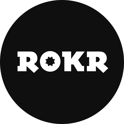 ROKR brand logo in bold white letters on a black circle badge