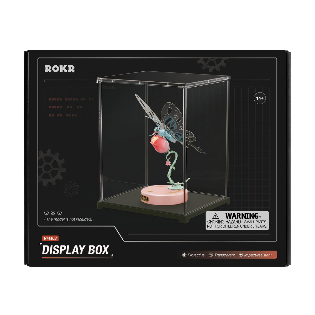 ROKR Display Box RFM03 retail packaging showing acrylic case with a dragonfly kinetic sculpture model inside on black background