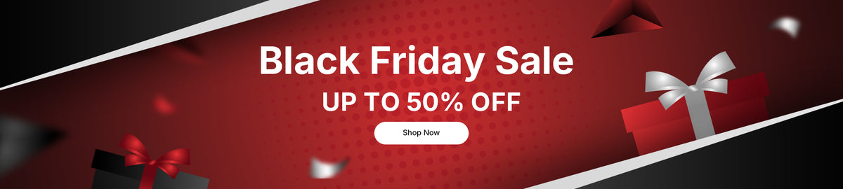 Robotime Black Friday Sale UP TO 50% OFF wide landscape banner with wrapped gifts on deep red background