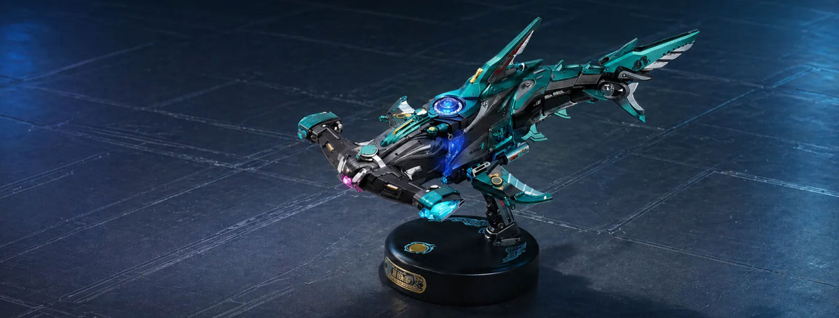 ROKR Hammerhead Shark MI07 hero display on a pedestal with teal glow against a dark stage backdrop.