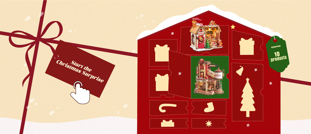 Robotime Christmas surprise advent calendar horizontal banner with red barn and miniature kit display windows