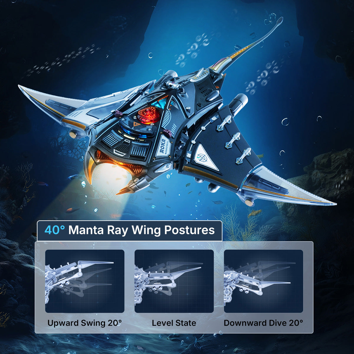 ROKR Manta Ray MI06 3D puzzle model flying over an underwater background with inset diagram showing the three 40 degree wing postures for upward swing, level, and dive