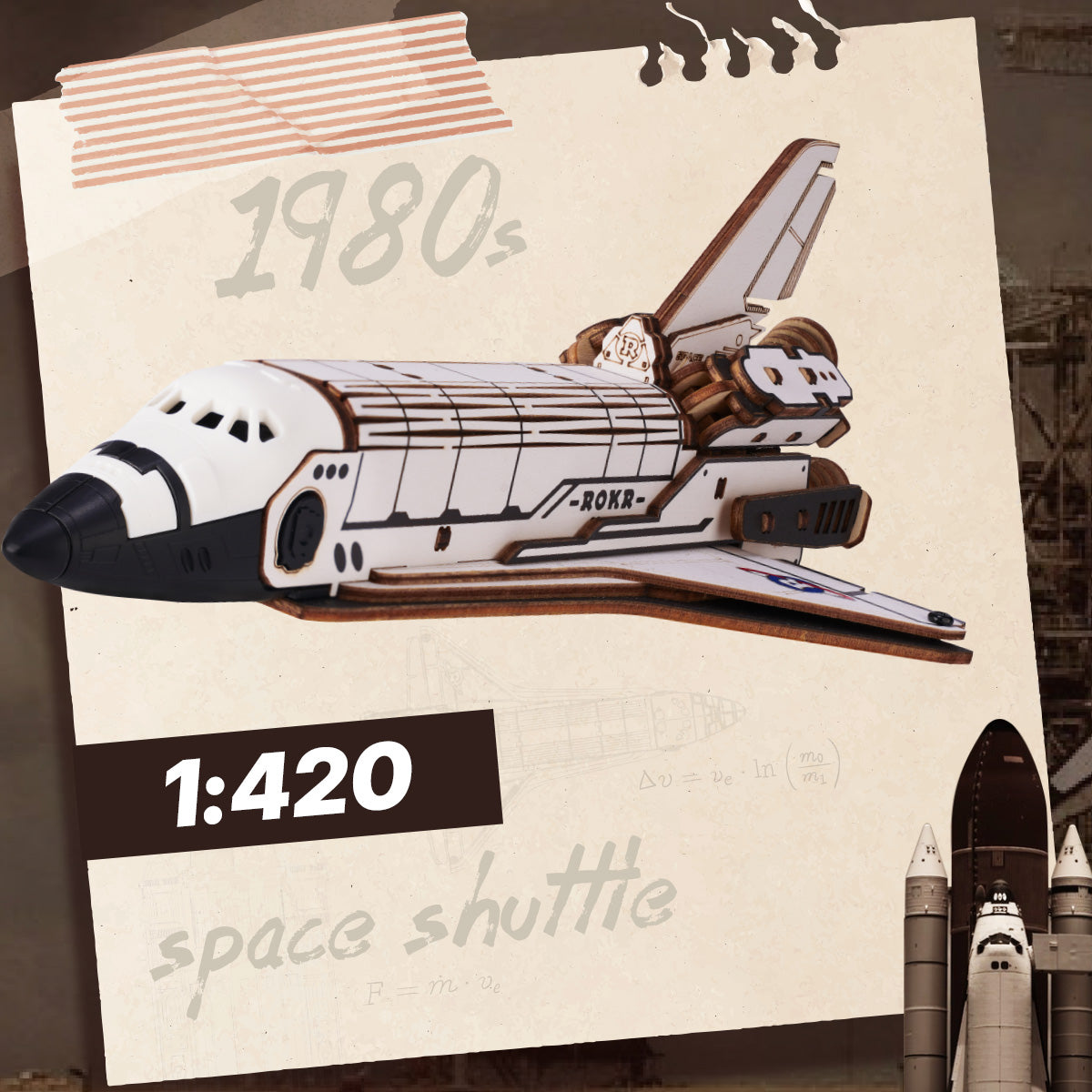 ROKR Space Shuttle LKA02 same 1:420 scale vintage card as previous showing the detailed white and walnut shuttle from the side with scientific formula annotations