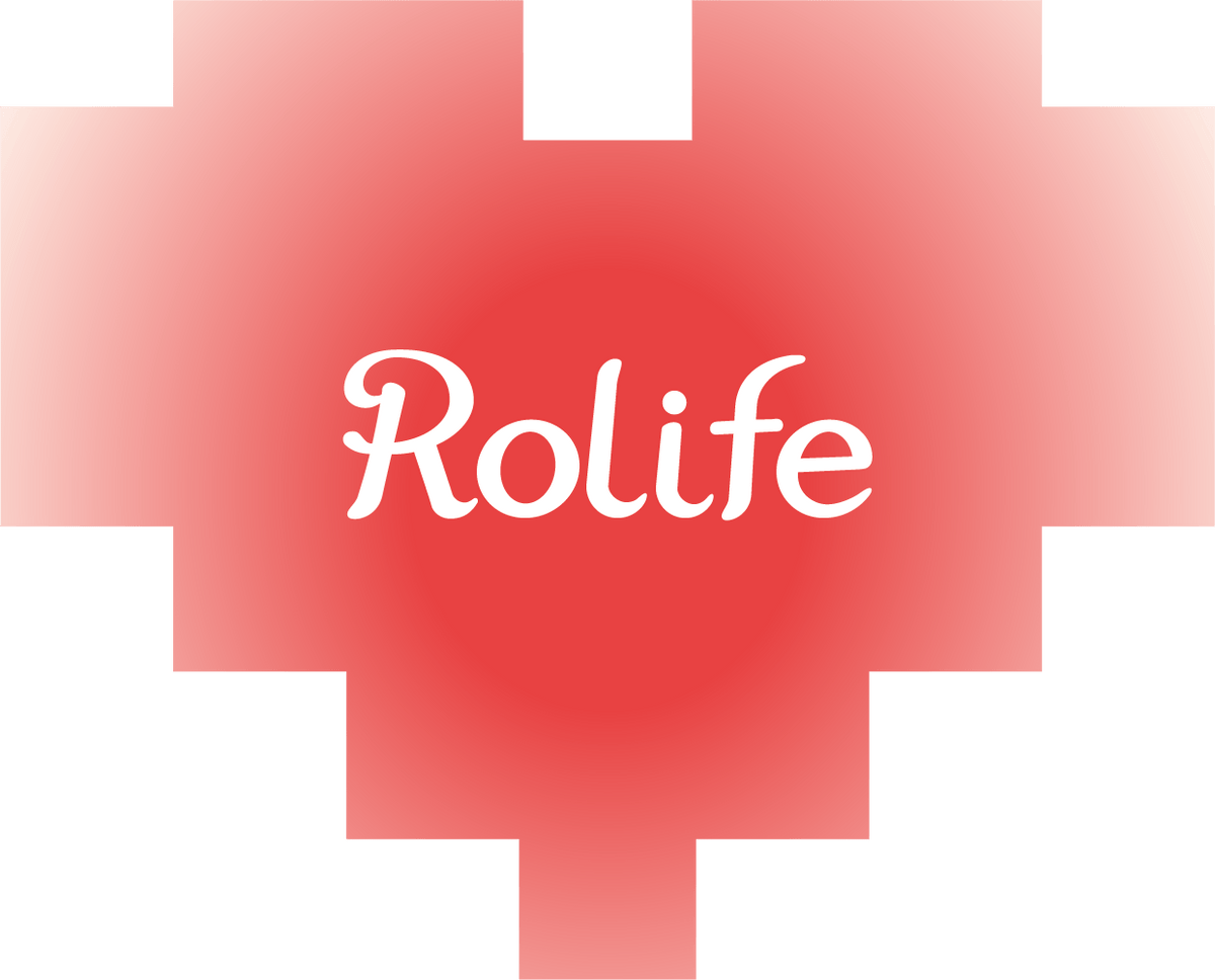 Rolife brand logo displayed as a red pixelated heart shape with white Rolife script text centered inside.