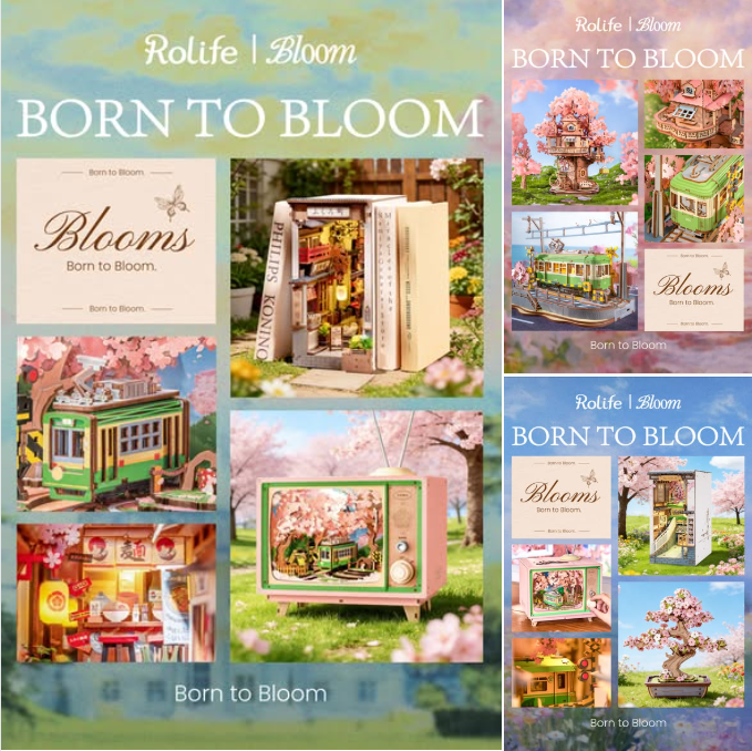 Rolife Born to Bloom miniature kit collection collage showing four spring-themed garden scene models with cherry blossoms