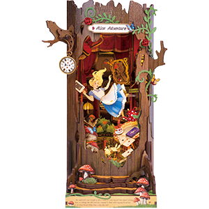 Rolife Fall into Wonder TGB12 Book Nook miniature showing Alice Adventure themed scene with fairy tale elements and warm interior lighting