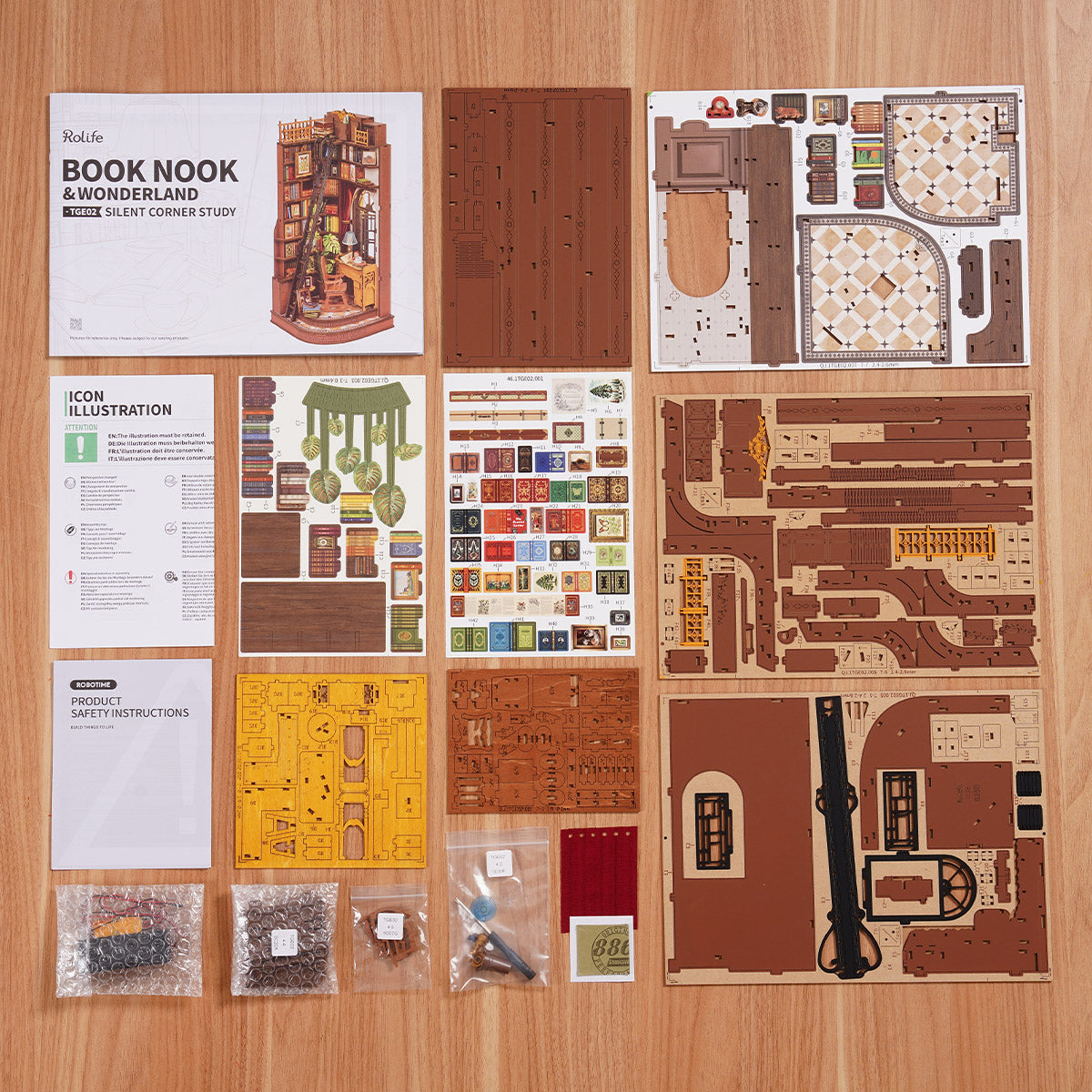 Rolife Silent Corner Study DIY Book Nook TGE02, 3D wooden book nook puzzle diorama, close-up detail