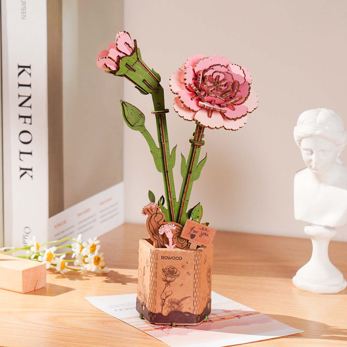 Rowood Pink Carnation DIY Wooden Flower 3D Puzzle TW051, 3D wooden DIY flower puzzle, side view