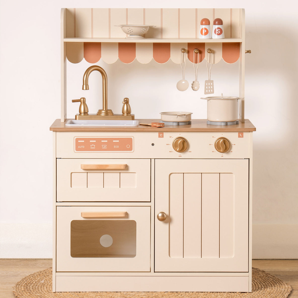 Robud wooden kids kitchen playset with sink, stovetop and open storage shelves in natural wood tones.