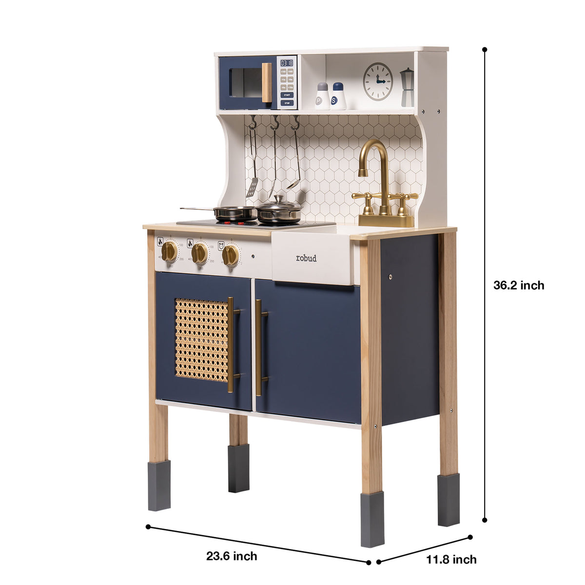 Robud vintage play kitchen dimension diagram with measurements shown in imperial and metric units
