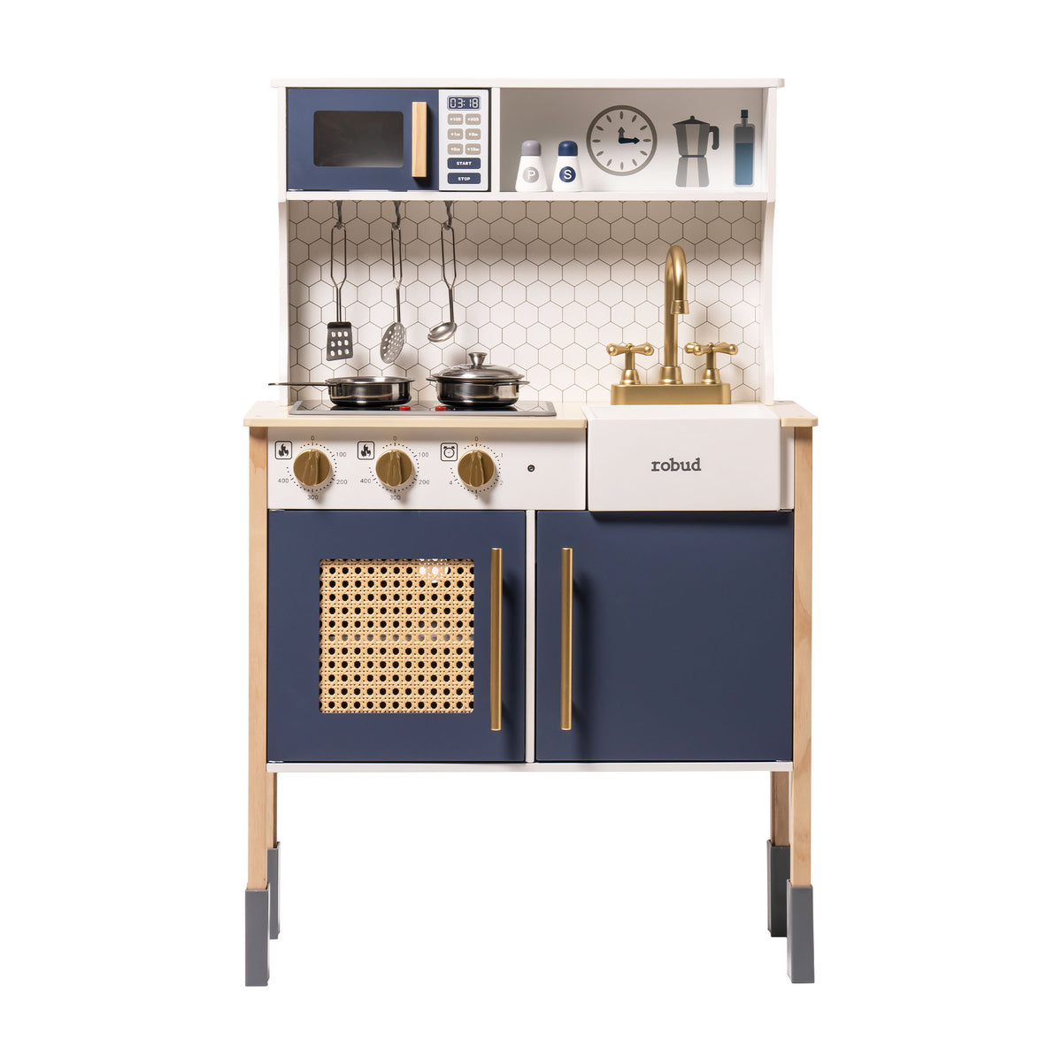 Robud navy blue vintage kitchen toy shown against a soft rug with accessories arranged on counter