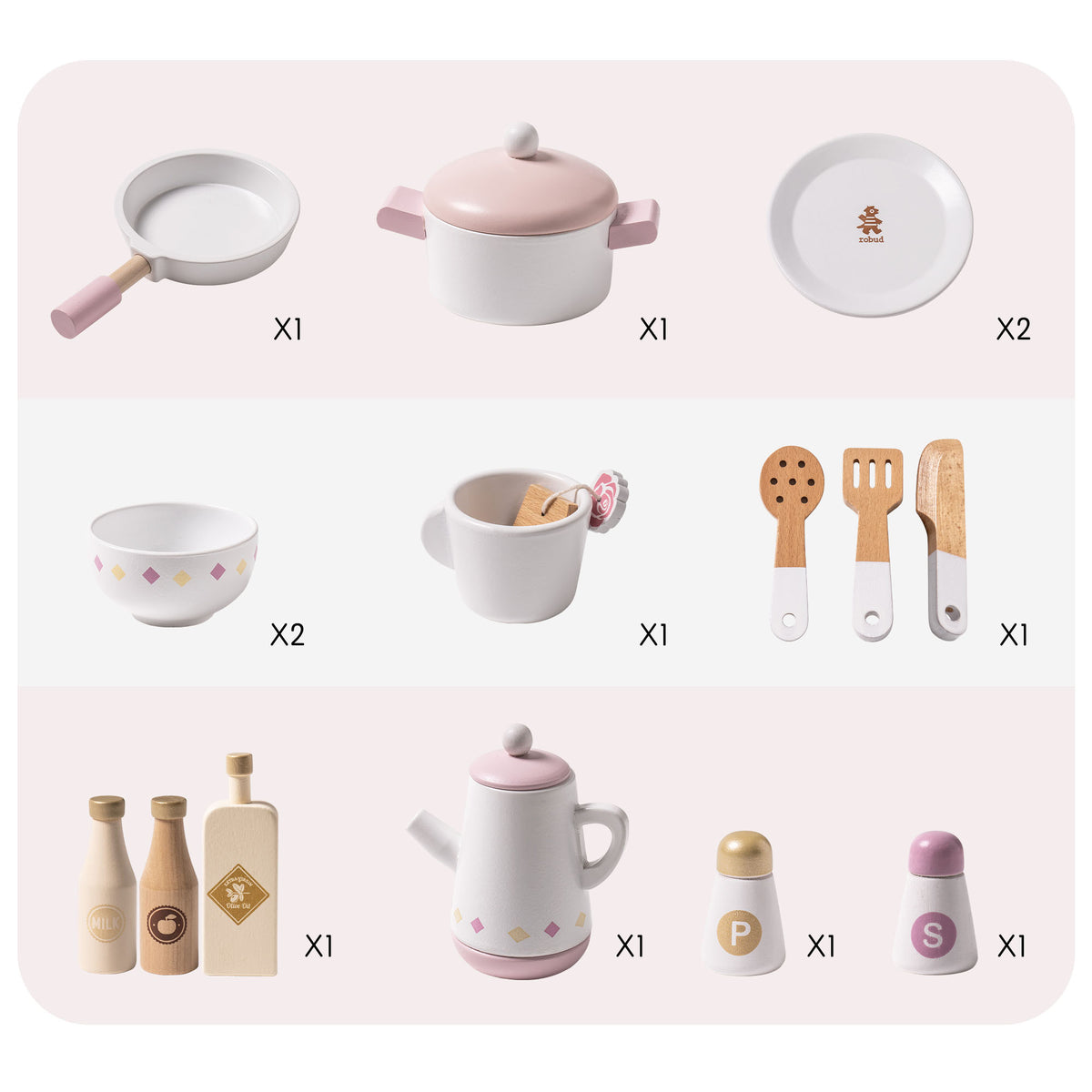 Robud Wooden Play Kitchen with Realistic Accessories 3D wooden model kit, top-down view of the assembled model