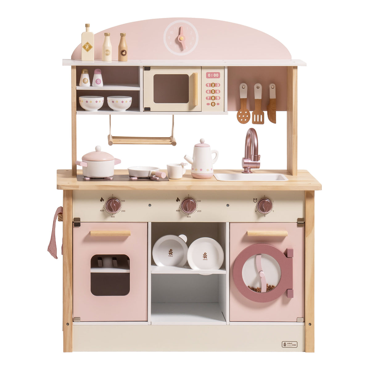 Robud Wooden Play Kitchen with Realistic Accessories 3D wooden model kit, completed model displayed on a shelf