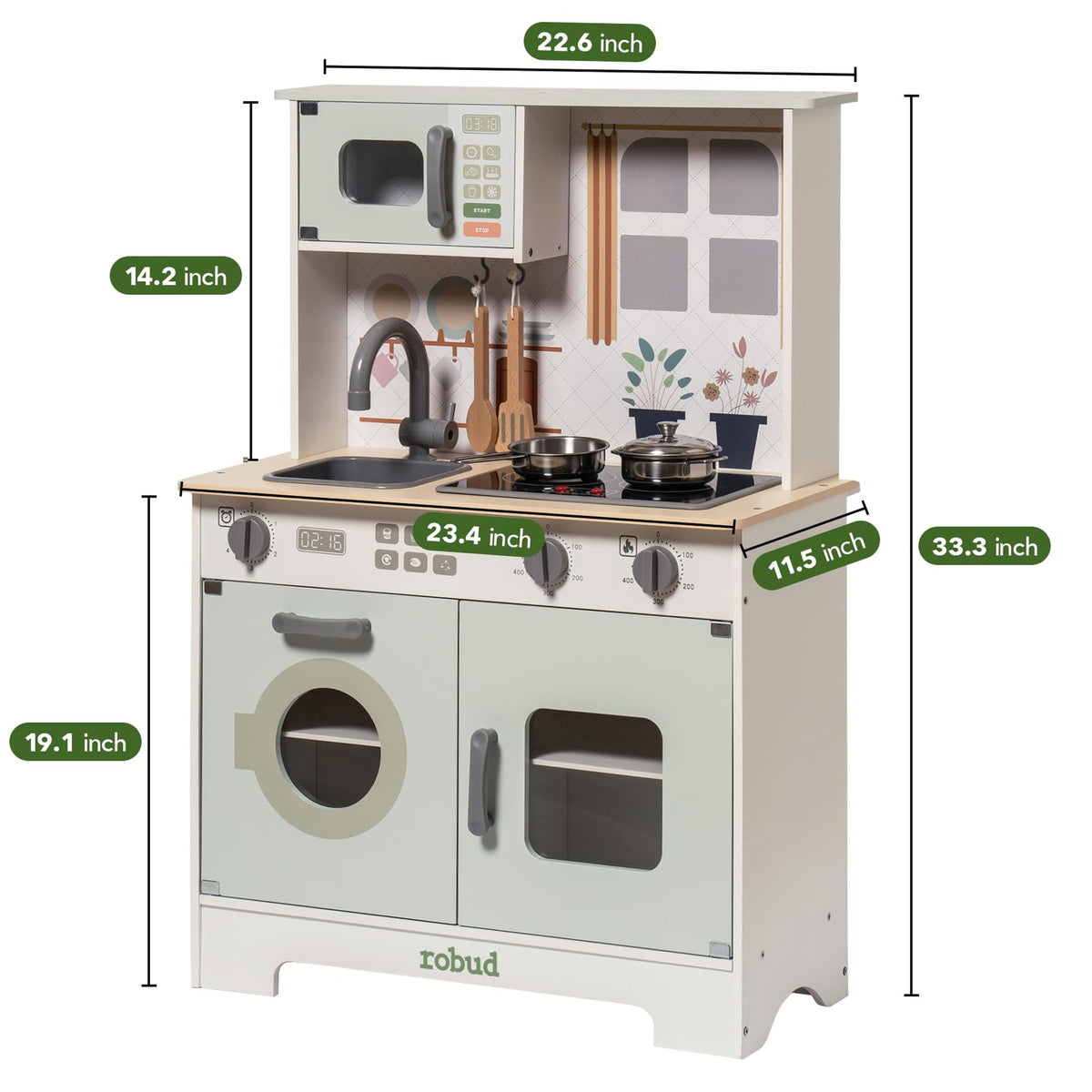 Robud green play kitchen showing dimensions and labeled features on white background infographic.