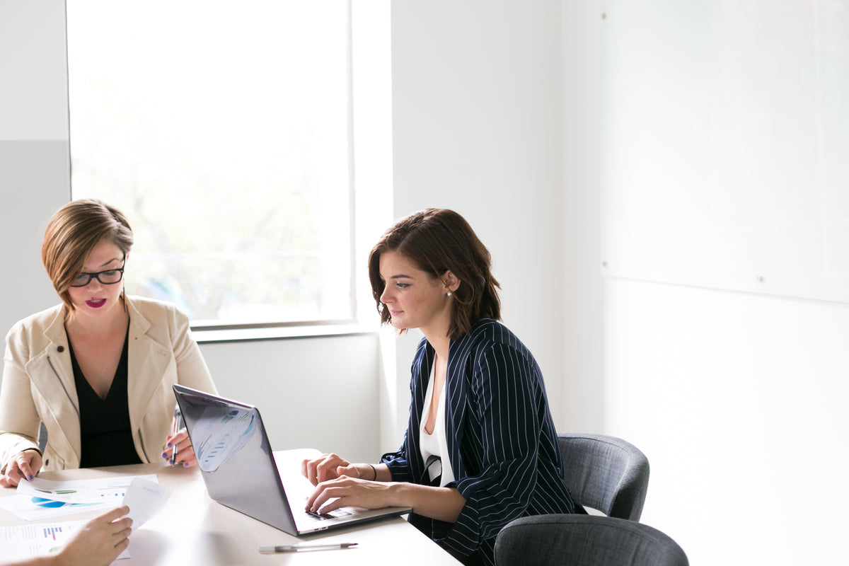 Two professional women in business meeting seated at white desk with laptop in bright modern office environment for business